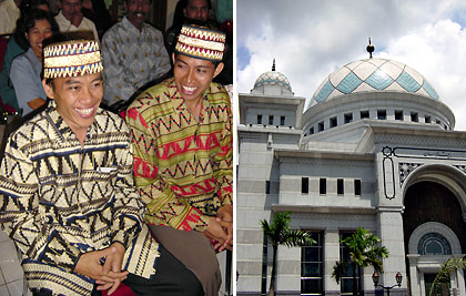 left: Indonesian men in traditional batik wear; right: A mosque in Jakarta