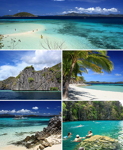 various scenes in Coron Island showing karst formations, beaches and lagoons