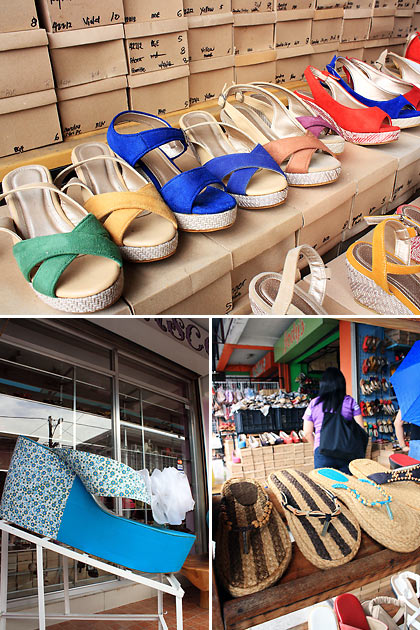 slippers, sandals and shoes on display at footwear stores in Liliw