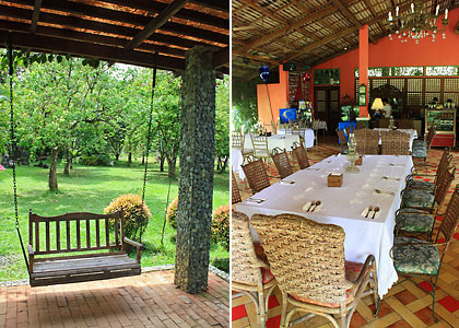 swing seat at a pergola and the interior of the restaurant at Rafael’s Farm